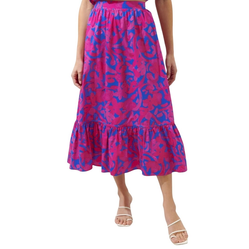 Sugarlips Pink Blue Floral Tiered 100% Cotton Colorful Boho Midi Skirt Size S